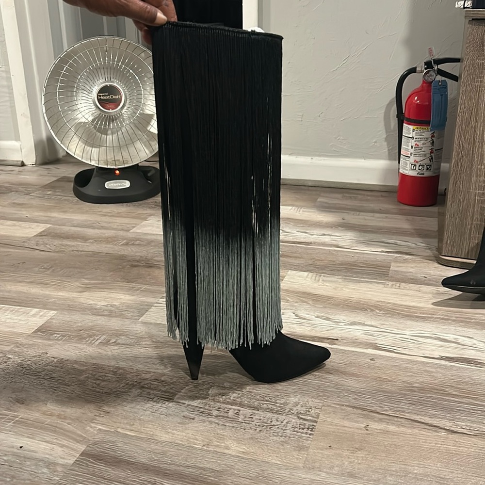 Black fringe knee high boots. Worn once. Absolutely beautiful